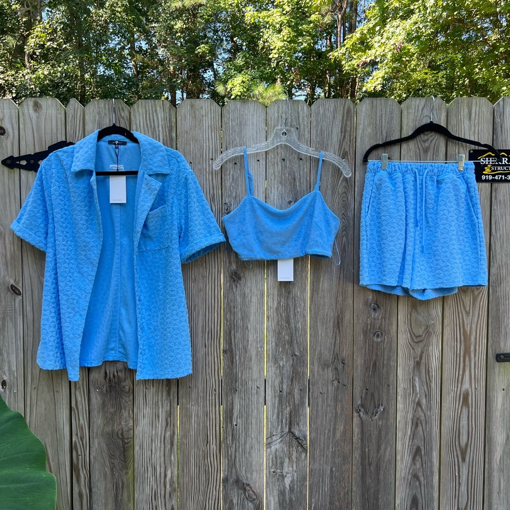7 FOR ALL MANKIND 3 pc Blue Terrycloth Short Set Women’s XS NWT NEW